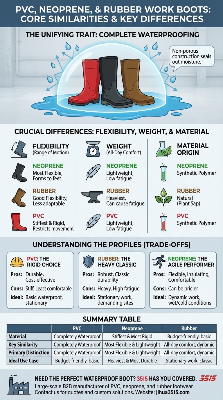 Quelles sont les principales similitudes entre les bottes de travail en PVC, en néoprène et en caoutchouc ? La caractéristique clé d'imperméabilité expliquée Guide Visuel