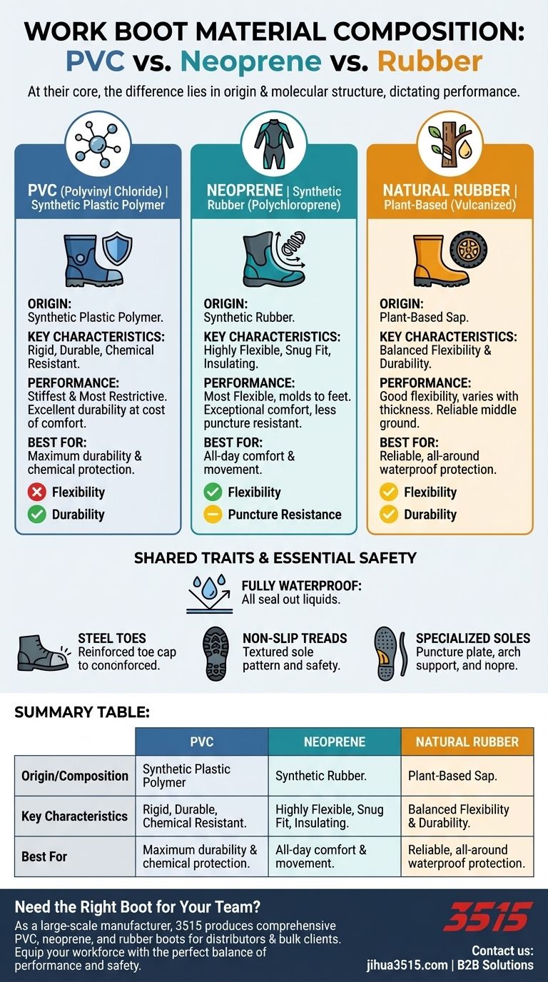 What are the material compositions of PVC, neoprene, and rubber work boots? Find Your Perfect Fit Visual Guide