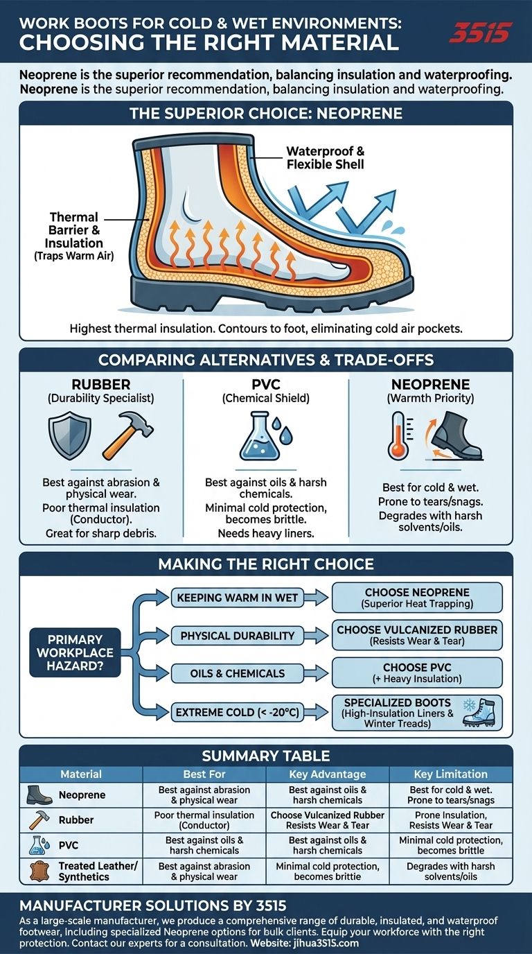 Quel matériau est recommandé pour les bottes de travail dans les environnements froids et humides ? Néoprène pour une chaleur supérieure Guide Visuel