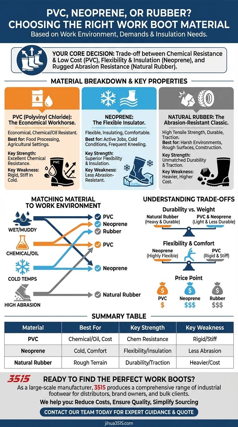 Quels facteurs prendre en compte lors du choix entre des bottes de travail en PVC, en néoprène et en caoutchouc ? Guide Visuel