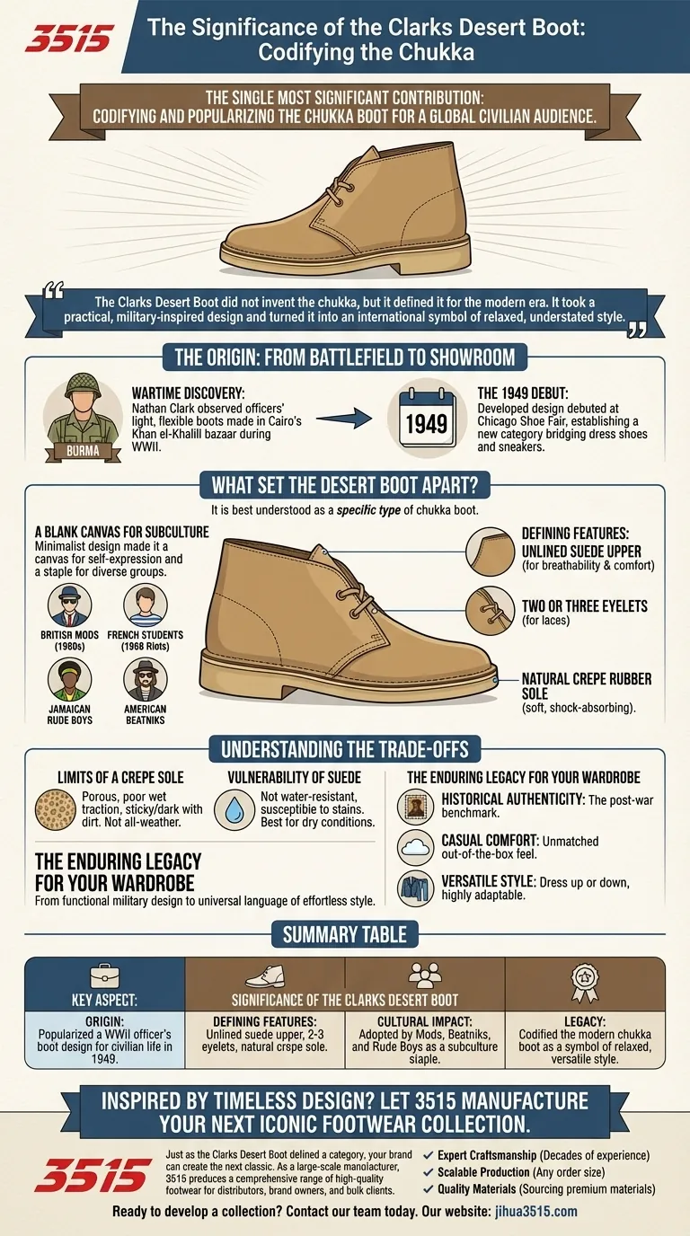 Quelle a été l'importance de la Clarks Desert Boot dans l'histoire des bottes Chukka ? Le style qui a défini le cool décontracté Guide Visuel