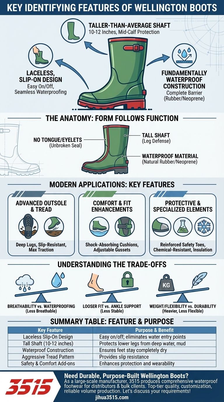 ما هي السمات التعريفية الرئيسية لأحذية ويلينغتون؟ بدون أربطة، مقاومة للماء، ومصممة للظروف القاسية دليل مرئي