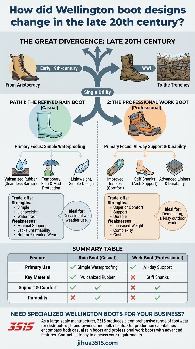 20세기 후반 웰링턴 부츠 디자인은 어떻게 변화했는가? 단일 부츠에서 두 가지 전문화된 경로로 시각적 가이드