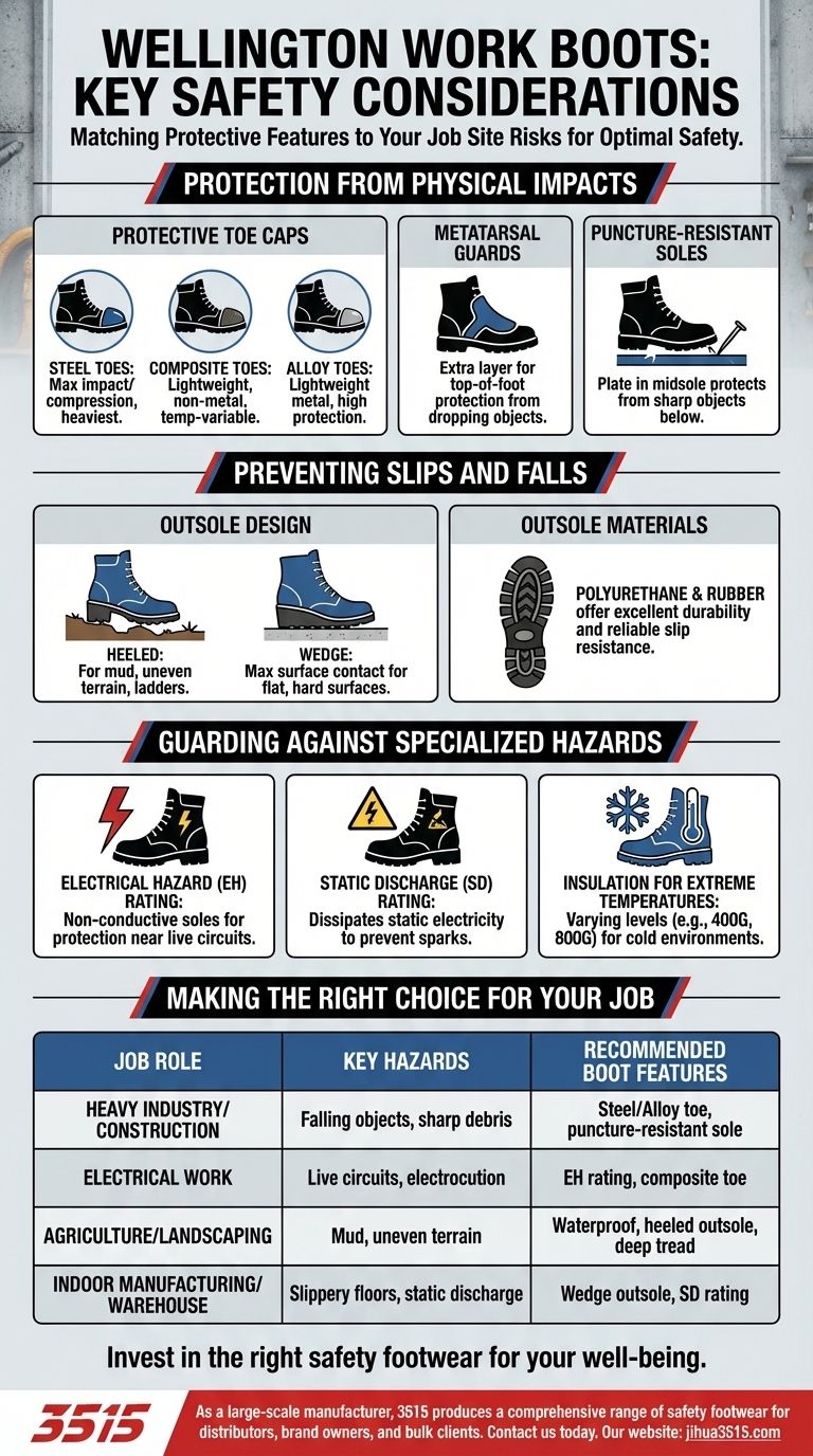 ¿Qué consideraciones de seguridad se deben tener en cuenta al elegir botas de trabajo Wellington? Adapte las características de las botas a los peligros de su trabajo Guía Visual