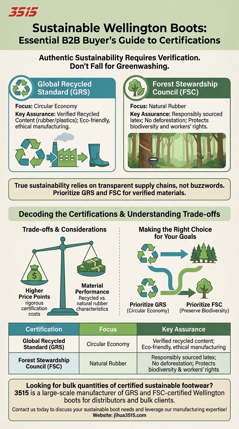 ¿Qué certificaciones debo buscar al comprar botas de agua sostenibles? Elija GRS y FSC para calzado ecológico verificado. Guía Visual