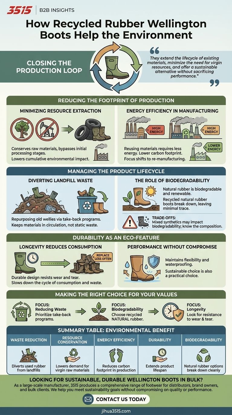 How do recycled rubber Wellington boots help the environment? Reduce Waste & Lower Carbon Footprint Visual Guide