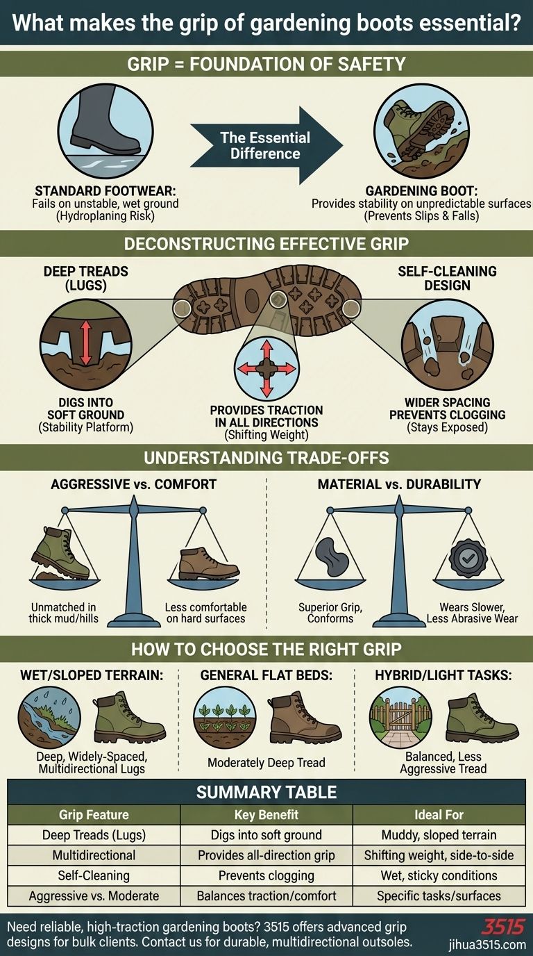 Cosa rende essenziale il grip degli stivali da giardinaggio? La chiave per la sicurezza su terreni instabili Guida Visiva