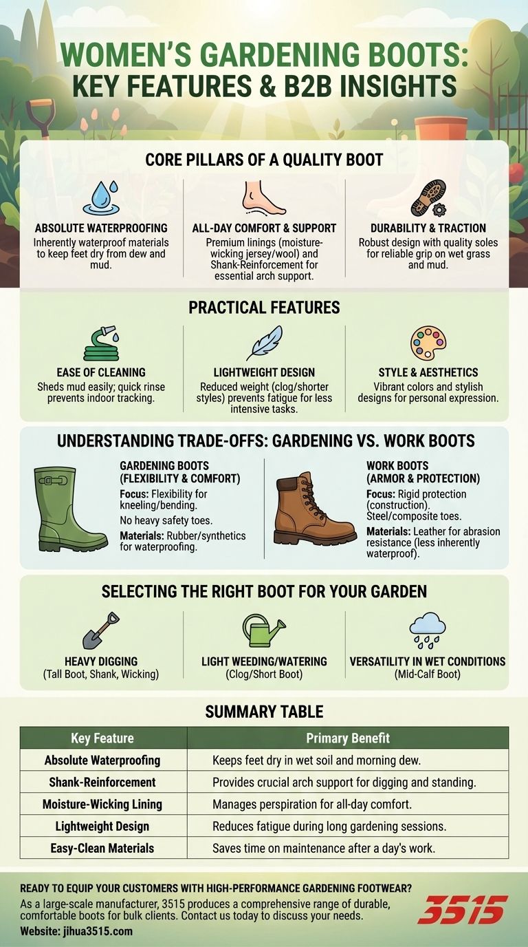 What features are highlighted in women's gardening boots? Find the Perfect Fit for Comfort and Durability Visual Guide