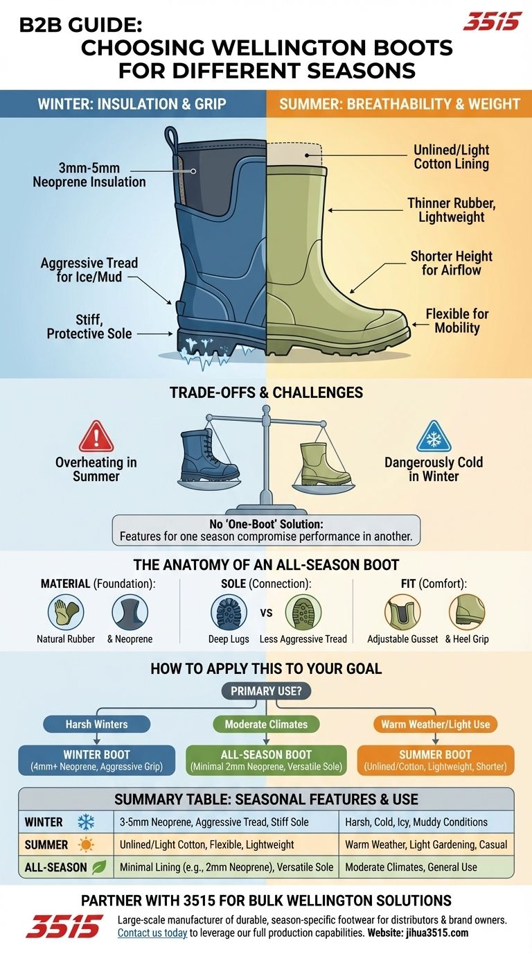 季節ごとに長靴を選ぶ際に考慮すべきことは何ですか？ブーツの機能と気候の要求を照合する ビジュアルガイド