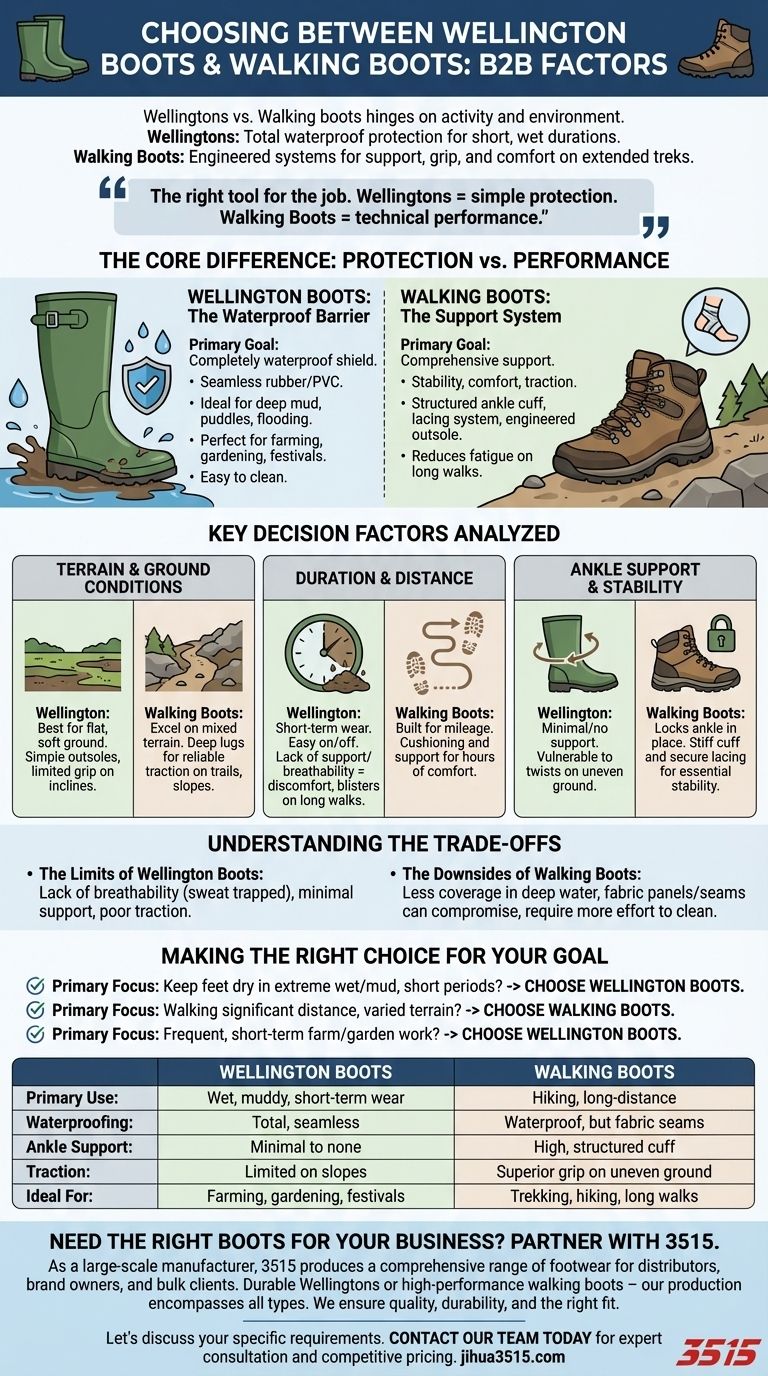 Quais são os fatores-chave para escolher entre botas de borracha e botas de caminhada? Combine o calçado certo para a sua atividade Guia Visual
