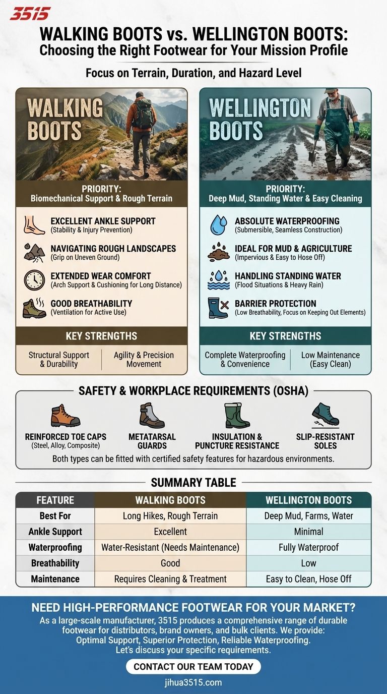 언제 워킹 부츠를 웰링턴 부츠보다 선택해야 할까요? 거친 지형에서 지지력과 안전성을 극대화하세요. 시각적 가이드