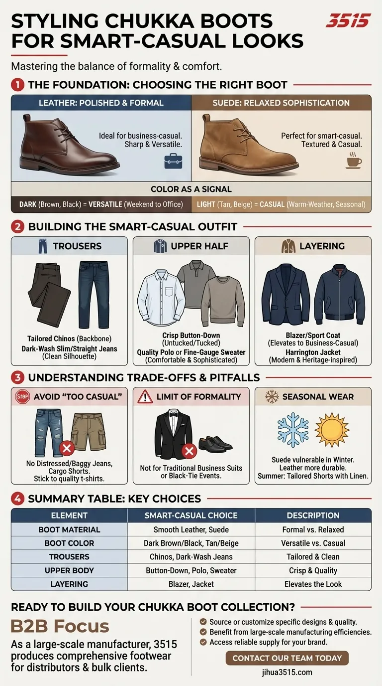 Wie lassen sich Chukka-Stiefel für einen Smart-Casual-Look stylen? Meistern Sie vielseitige Outfits für jeden Anlass Visuelle Anleitung