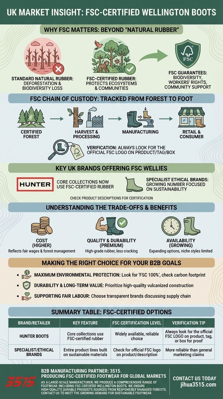 أين يمكن للمستهلكين شراء أحذية ويلينغتون المعتمدة من FSC في المملكة المتحدة؟ ابحث عن أحذية ويلينغتون المستدامة والأخلاقية دليل مرئي