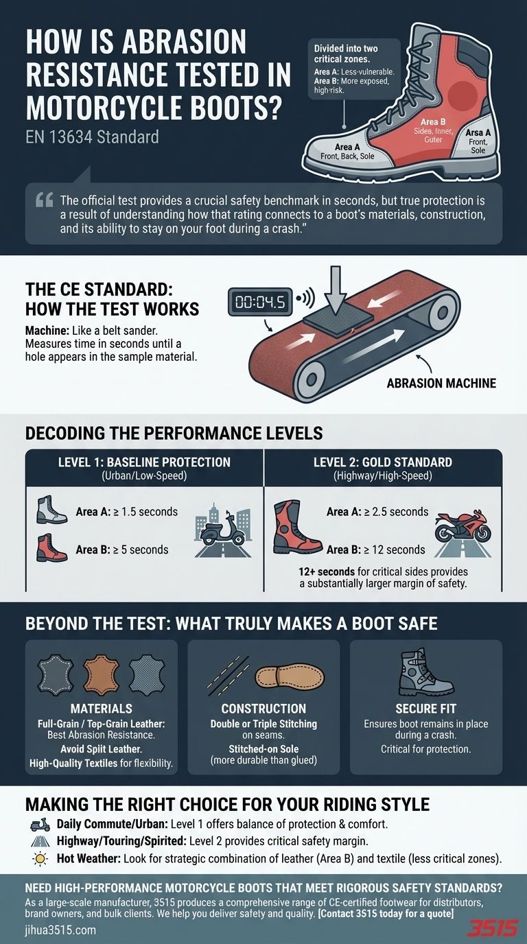 ¿Cómo se prueba la resistencia a la abrasión de las botas de moto? Conoce las normas de seguridad CE EN 13634 Guía Visual