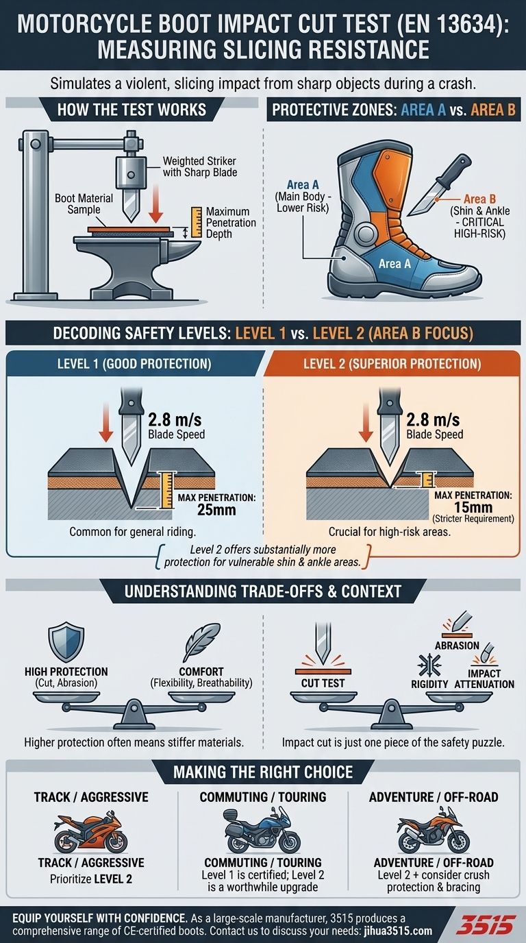 Cosa misura il test di taglio da impatto negli stivali da moto? Comprendere la sicurezza CE Livello 1 vs. Livello 2 Guida Visiva