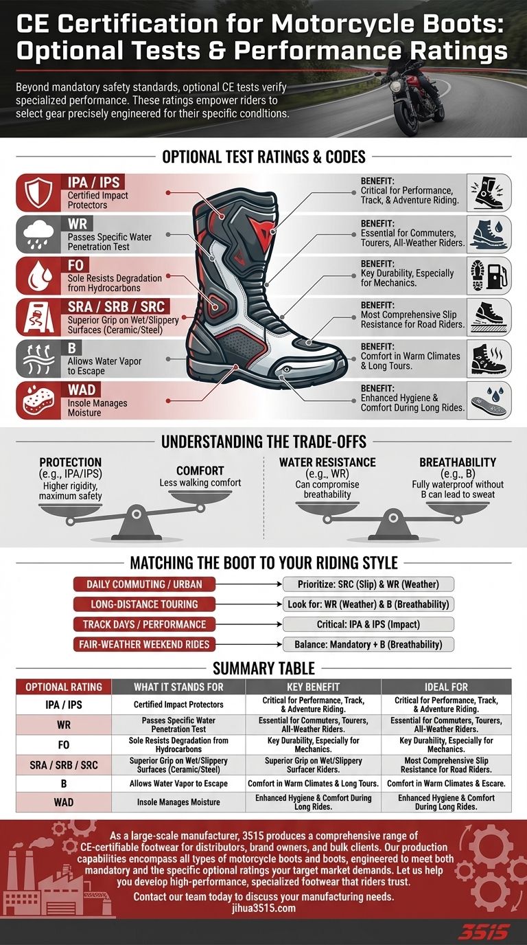 Quais testes opcionais as botas de motocicleta podem passar para a certificação CE? Um guia para classificações de desempenho especializadas Guia Visual