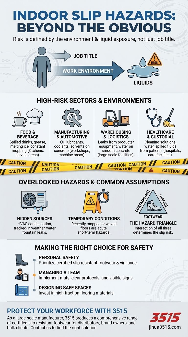 Quali tipi di lavoratori potrebbero incontrare condizioni scivolose all'interno? Identificare i ruoli ad alto rischio Guida Visiva