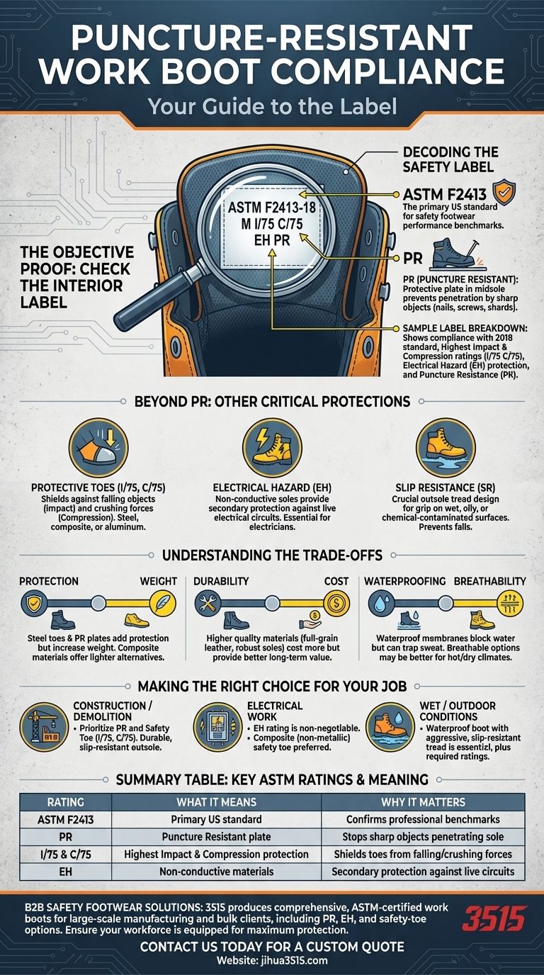 为了确保防穿刺工作靴符合规定，您应该注意什么？请验证 ASTM F2413 “PR” 标签 图解指南