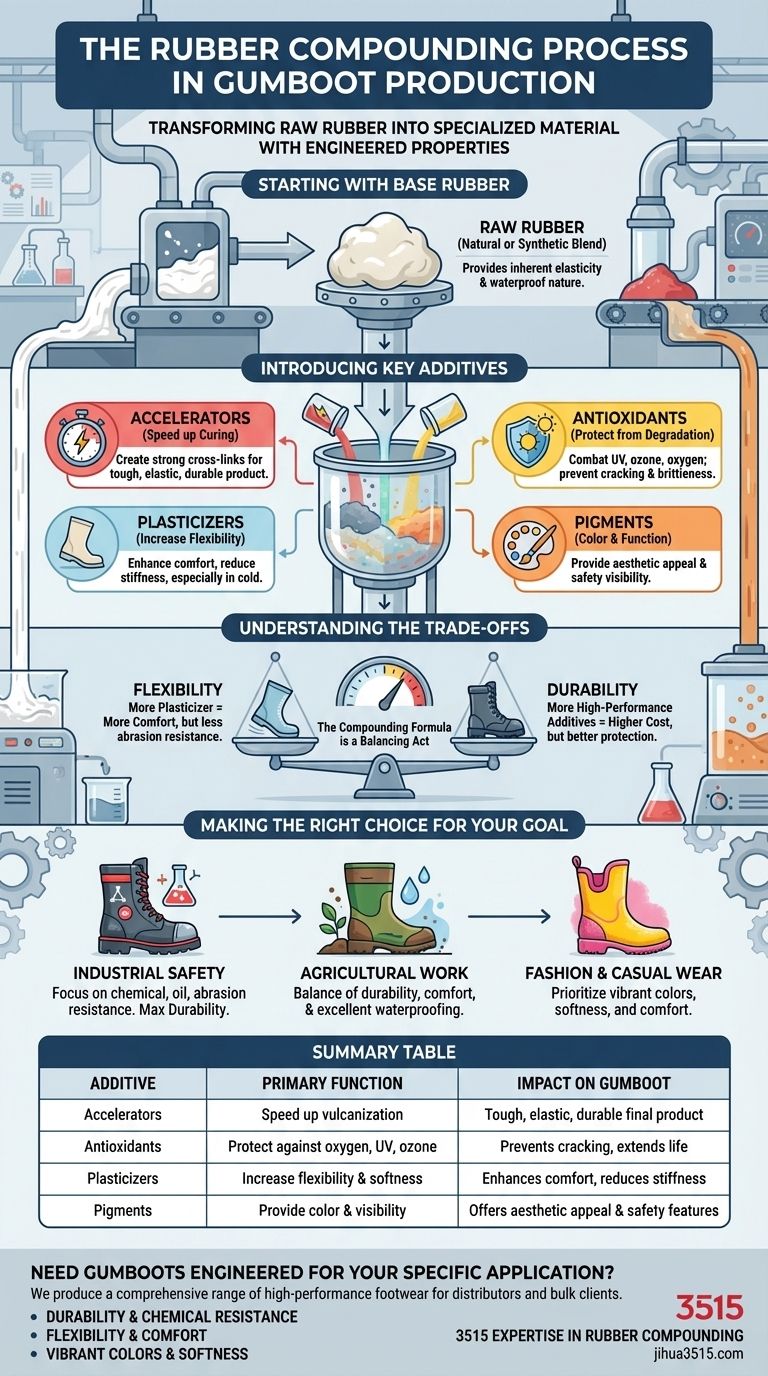 What is the purpose of the rubber compounding process in gumboot production? Visual Guide