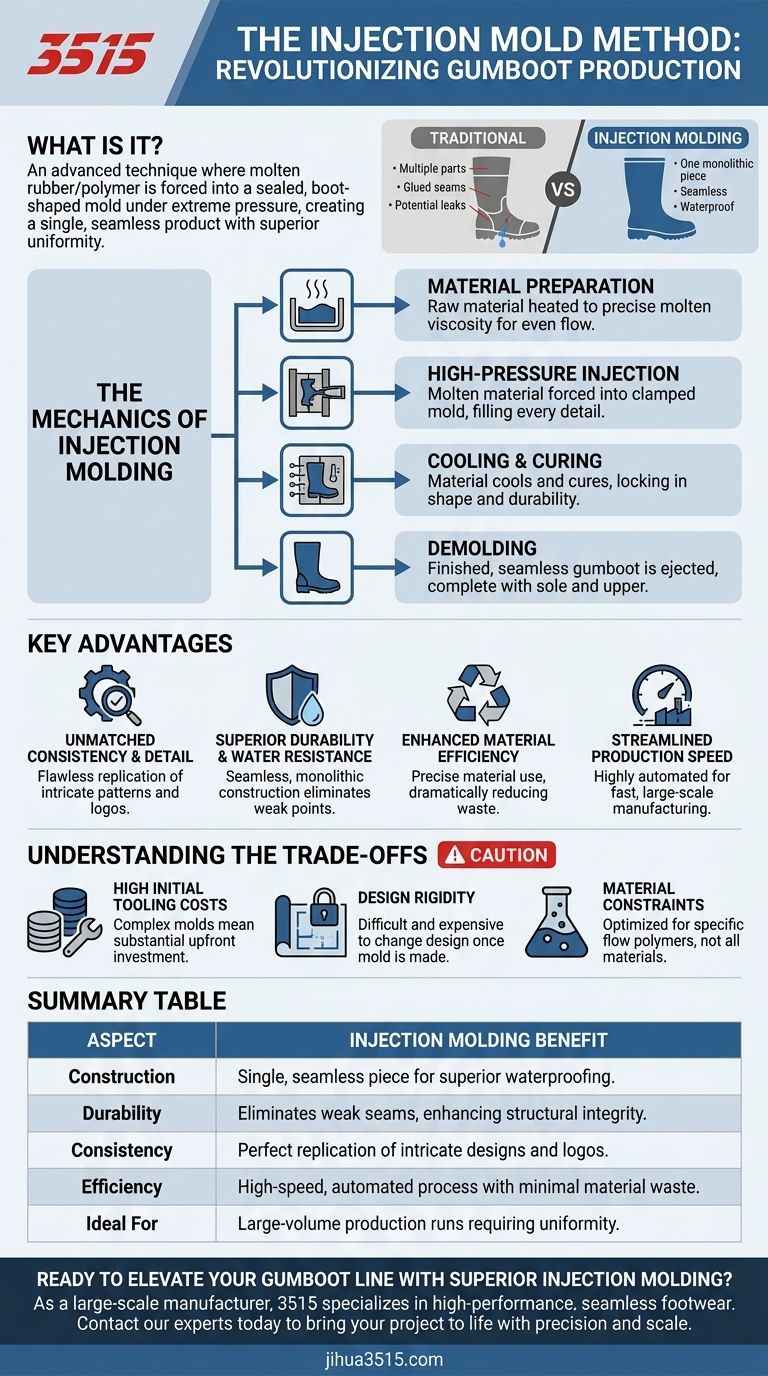 What is the injection mold method and how does it benefit gumboot production? Visual Guide