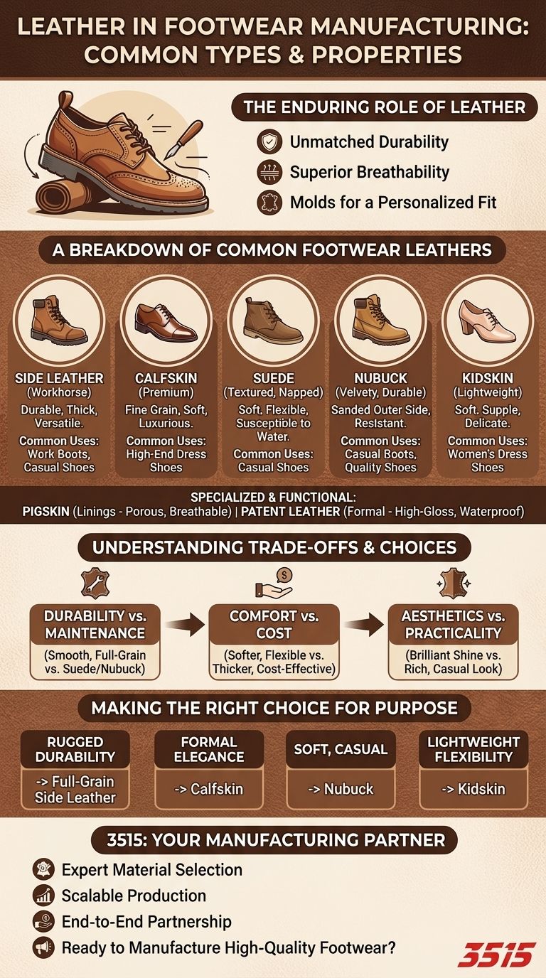 신발 제조에 가장 일반적으로 사용되는 가죽 종류는 무엇인가요? 내구성과 스타일 가이드 시각적 가이드