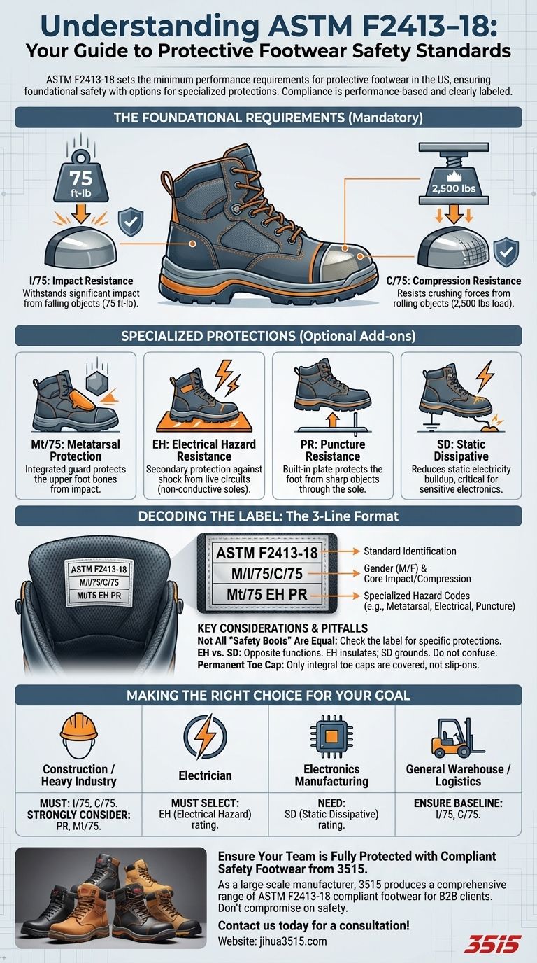 ما هي متطلبات السلامة الرئيسية المنصوص عليها في ASTM F2413-18؟ تأكد من الامتثال الكامل لأحذية مكان العمل دليل مرئي