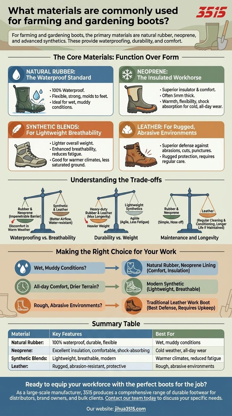 Quali materiali sono comunemente usati per gli stivali da agricoltura e giardinaggio? Trova il materiale giusto per il tuo lavoro Guida Visiva