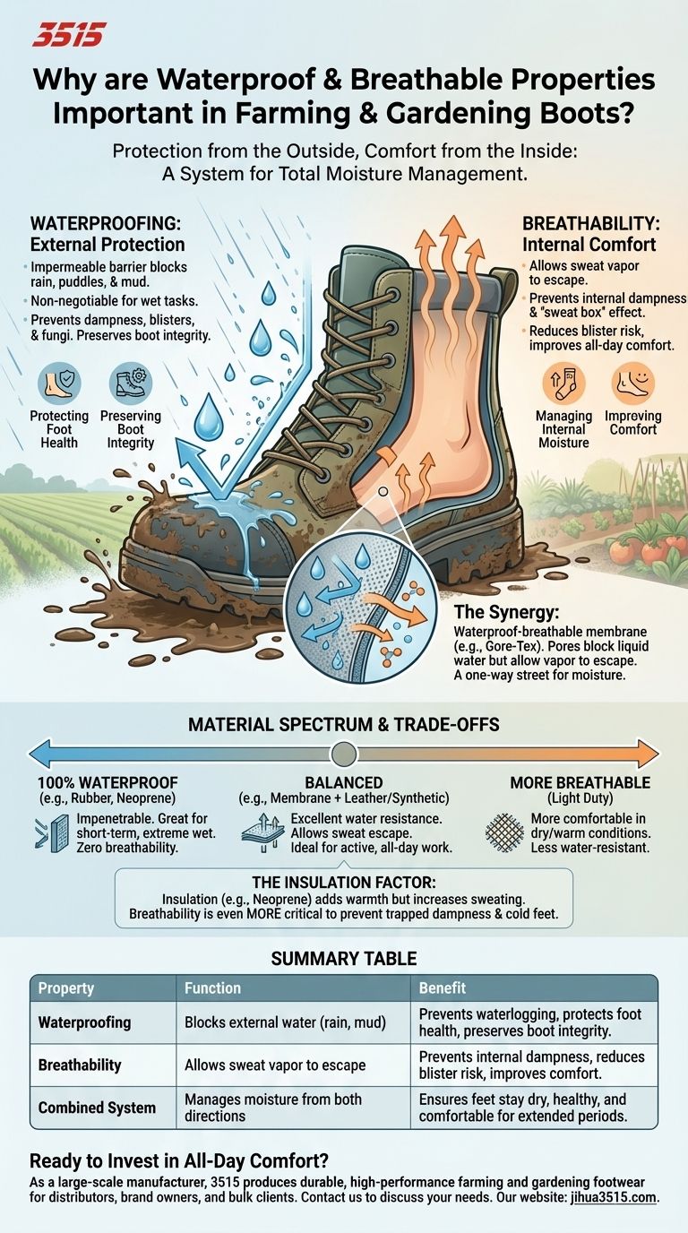 Perché le proprietà impermeabili e traspiranti sono importanti negli stivali da agricoltura e giardinaggio? La chiave per il comfort e la salute del piede tutto il giorno Guida Visiva