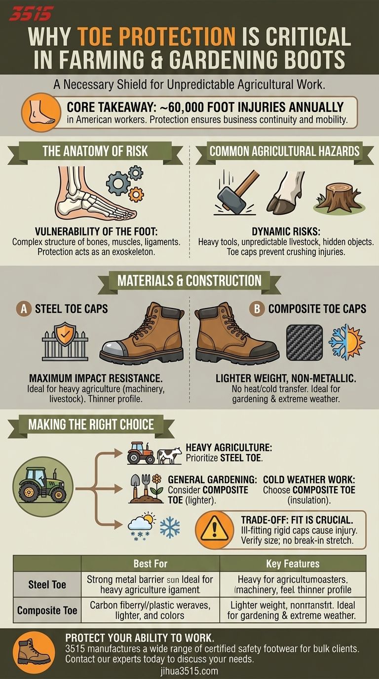 농업 및 원예 부츠에서 발가락 보호가 중요한 이유는 무엇인가요? 무거운 도구와 가축으로 인한 압착 부상 방지 시각적 가이드