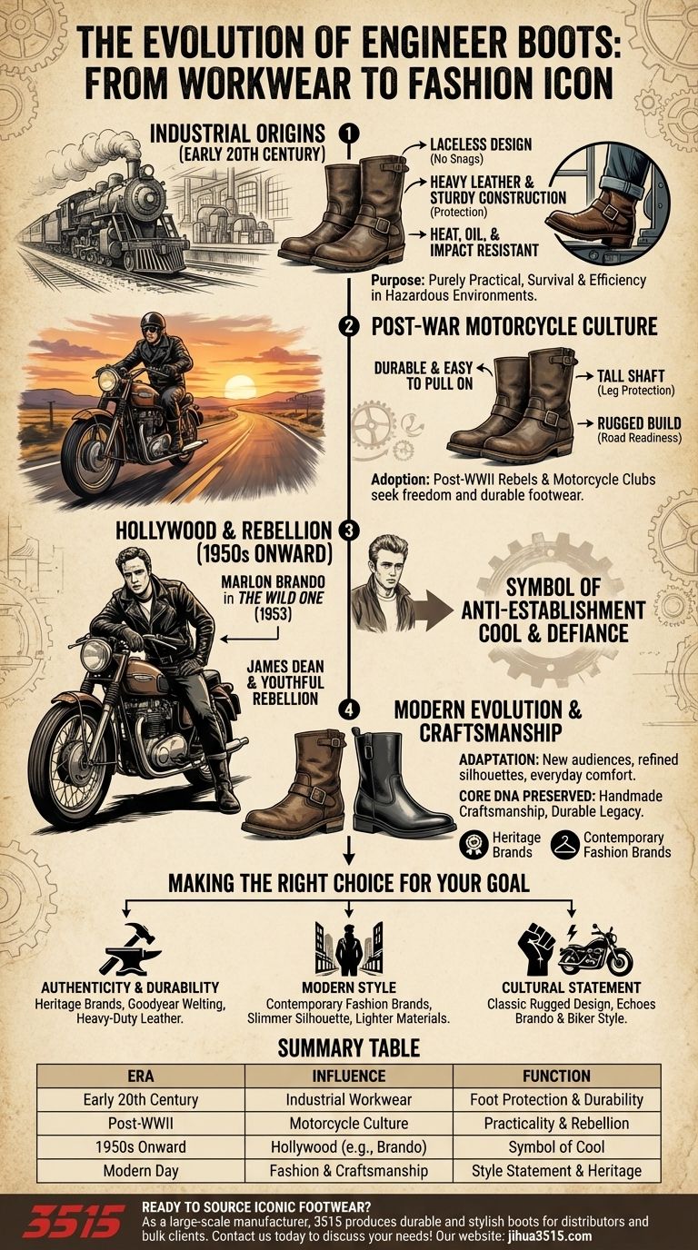 Como as botas de engenheiro evoluíram de vestuário de trabalho para itens de moda? Um Símbolo de Rebelião e Estilo Guia Visual