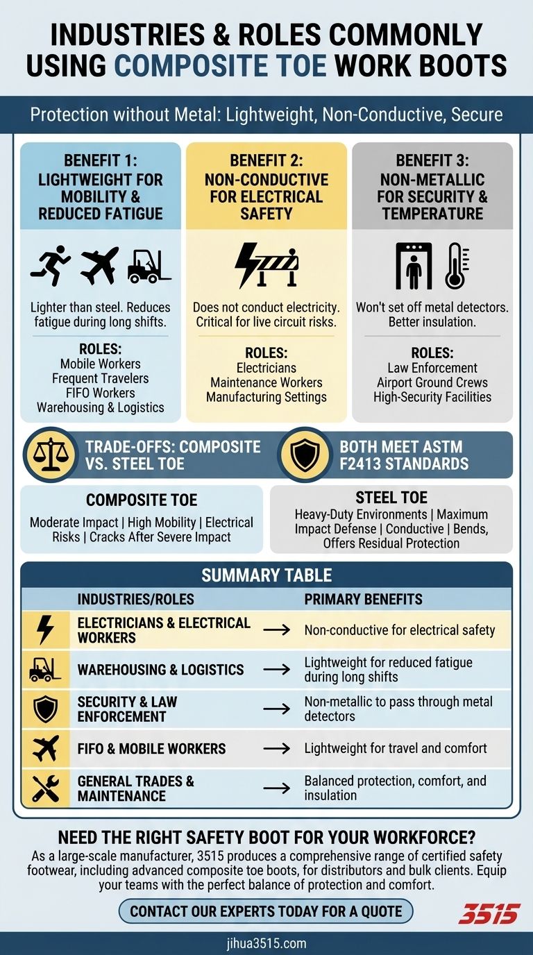 Que indústrias usam comumente botas de trabalho com biqueira de compósito? Escolha calçado de segurança leve e não condutor Guia Visual