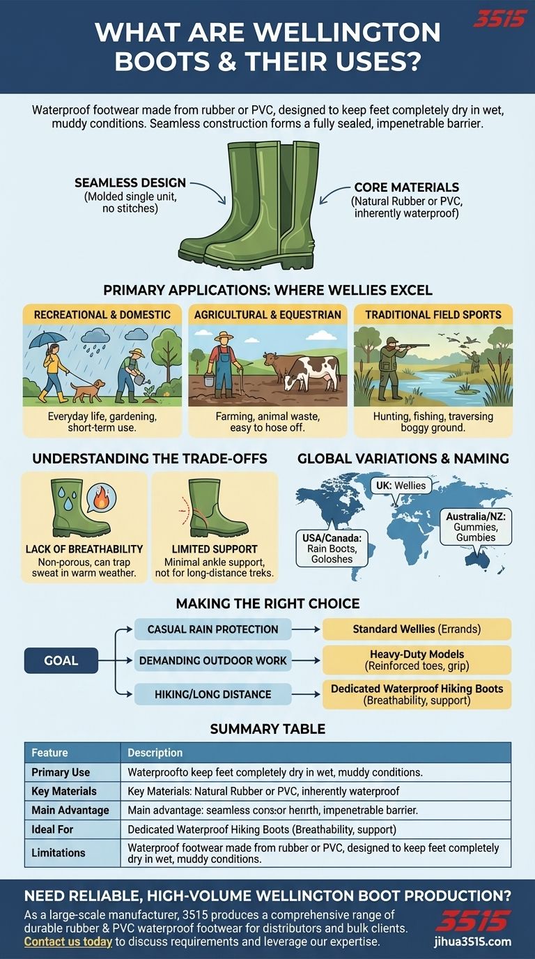 웰링턴 부츠란 무엇이며 일반적으로 어떤 용도로 사용되나요? 젖은 환경을 위한 탁월한 방수 기능 시각적 가이드