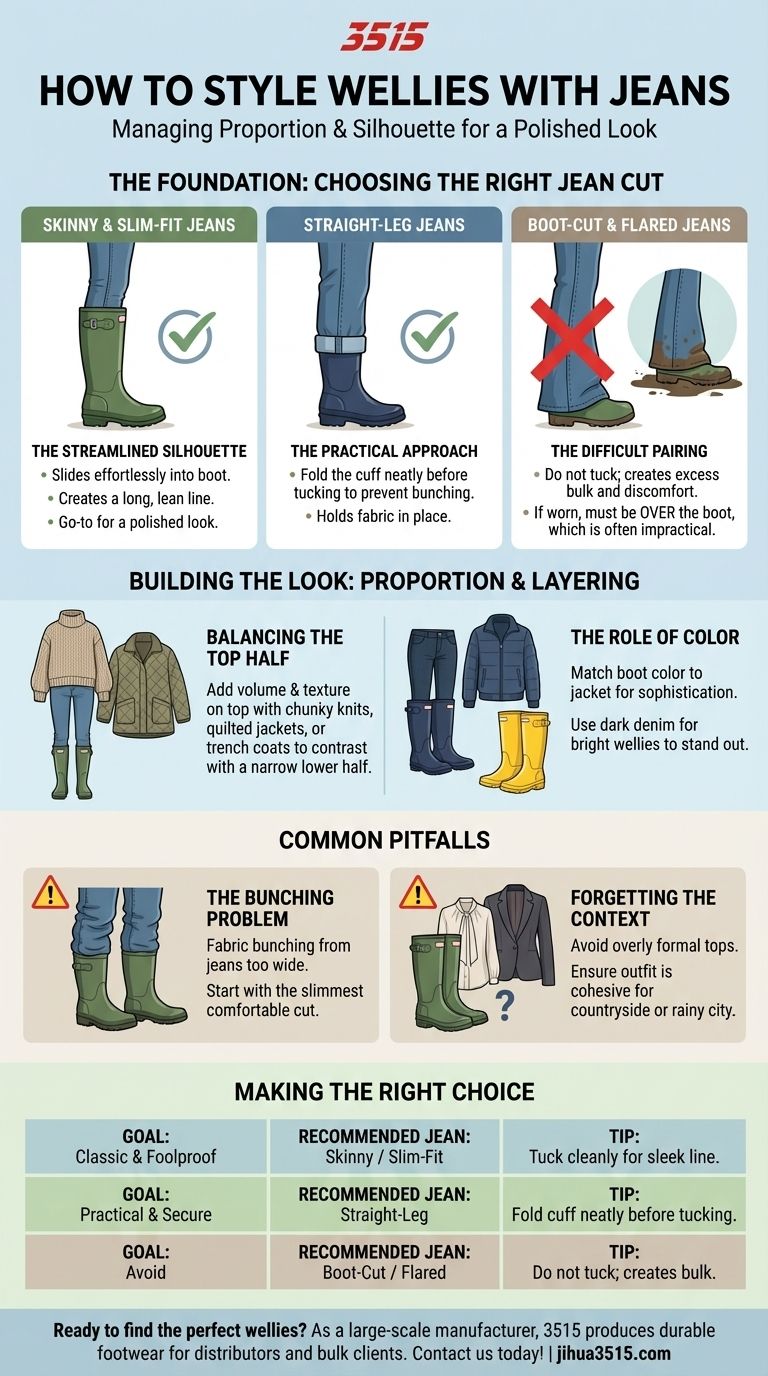 레인부츠와 청바지를 어떻게 스타일링할 수 있을까요? 세련된 룩을 위한 비율의 기술을 마스터하세요 시각적 가이드