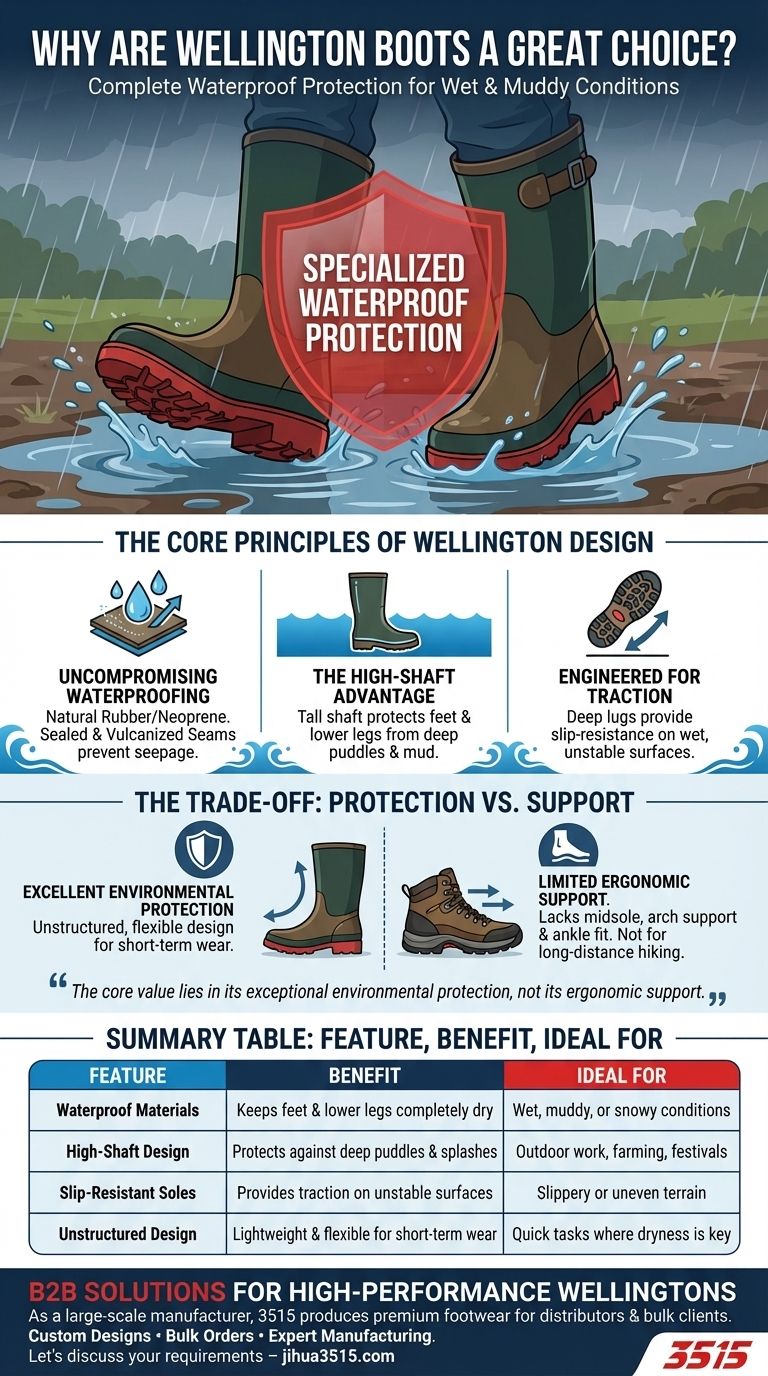 Why are Wellington boots considered a great footwear choice? Unmatched Waterproof Protection for Tough Conditions Visual Guide