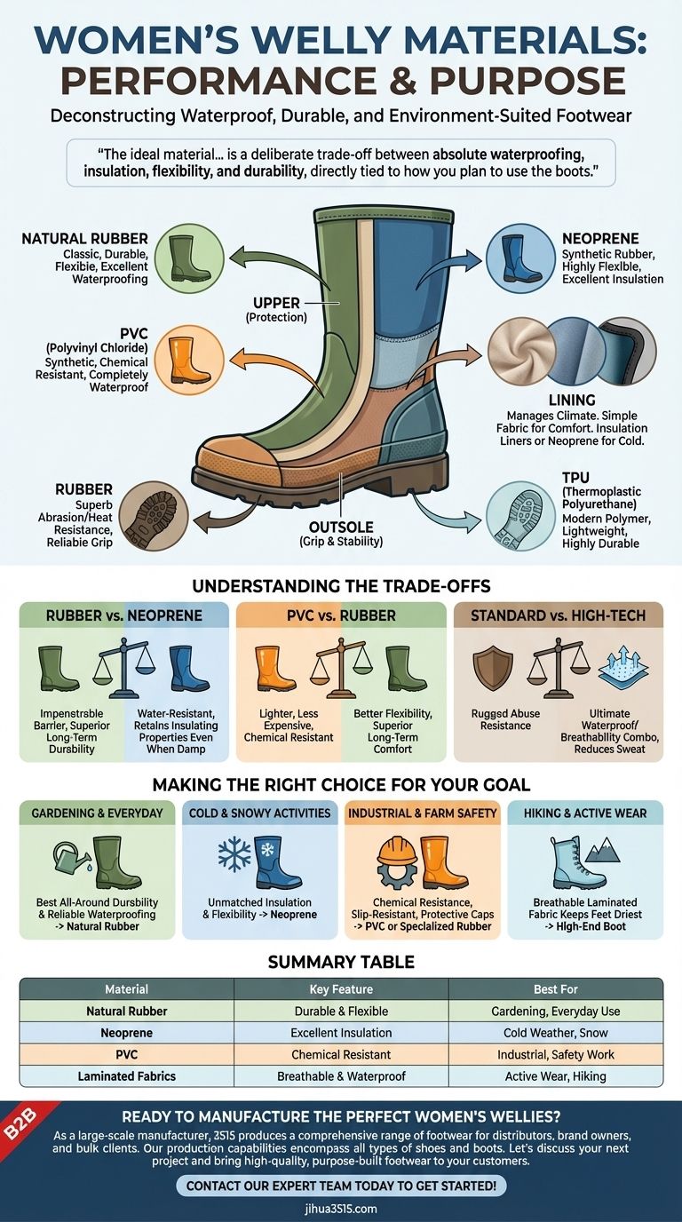 Quels matériaux sont utilisés dans les bottes de pluie pour femmes ? Un guide sur le caoutchouc, le néoprène et le PVC Guide Visuel