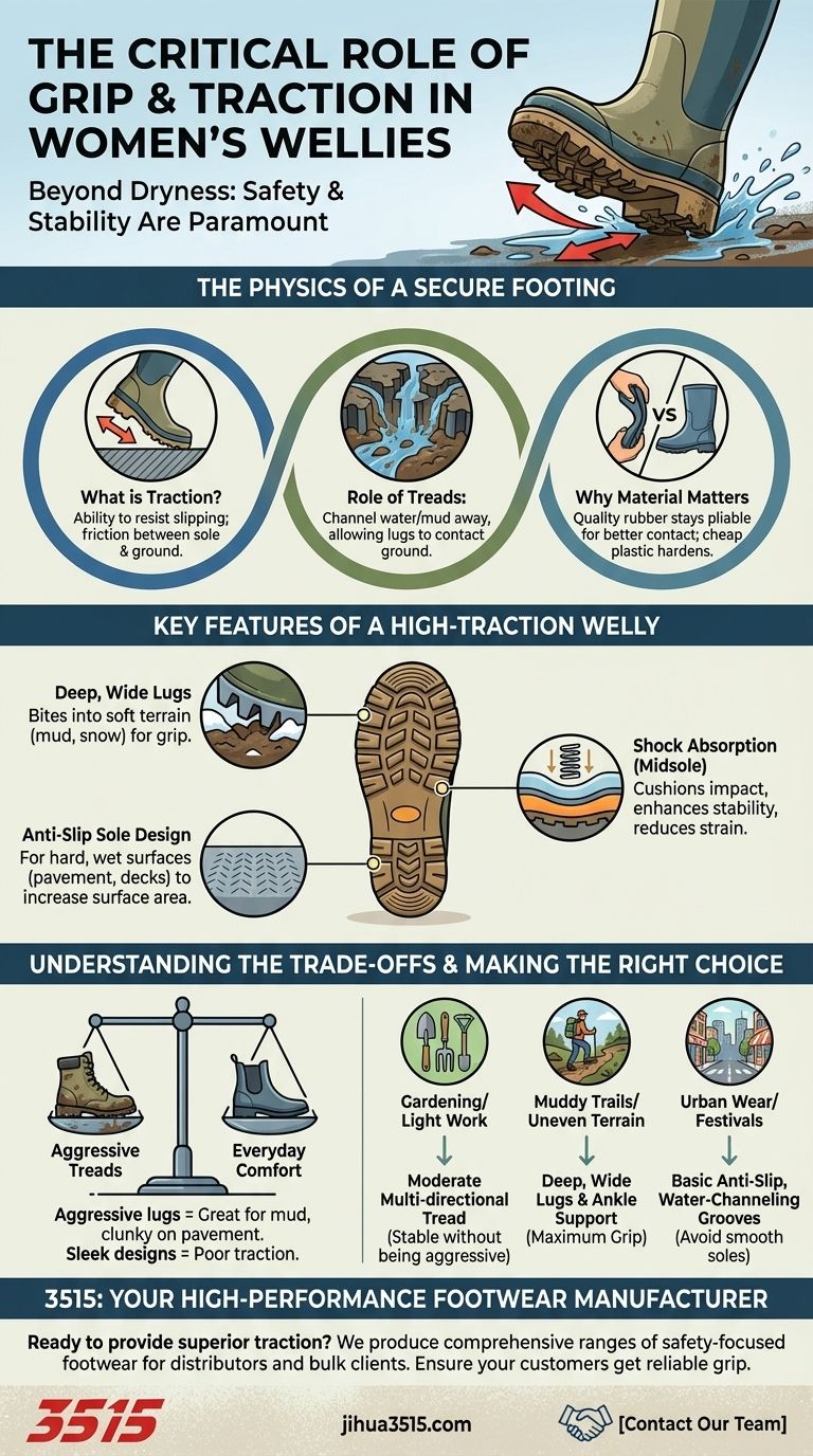 Pourquoi l'adhérence et la traction sont-elles importantes pour les bottes de pluie pour femmes ? Essentiel pour la sécurité et la stabilité Guide Visuel