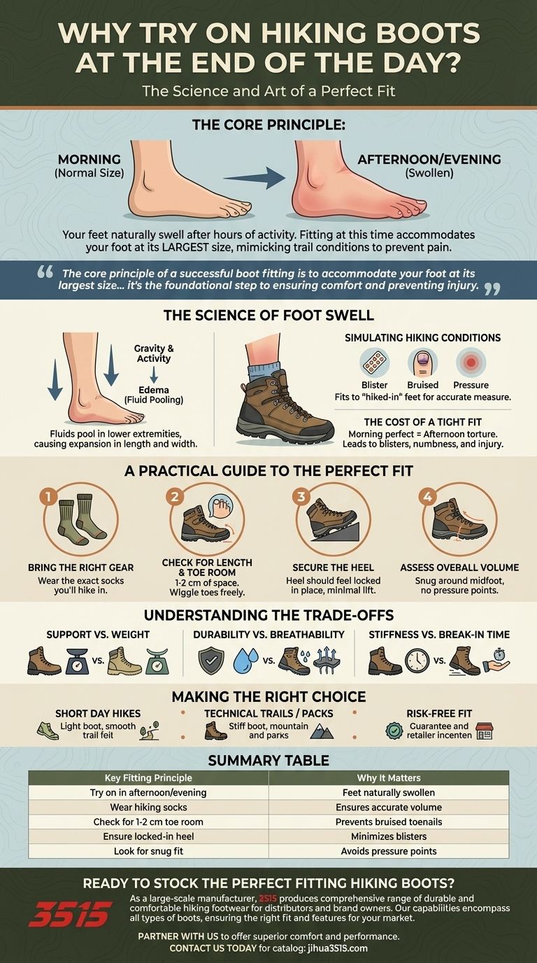 なぜ午後の遅い時間にハイキングブーツを試着することが重要なのでしょうか？ハイキングに完璧なフィット感を確保しましょう ビジュアルガイド