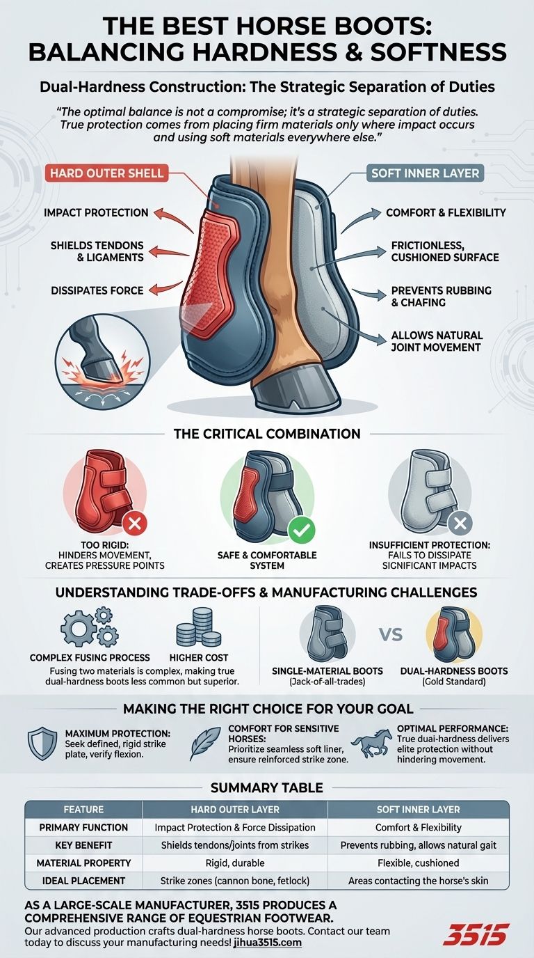 كيف تحقق أحذية الخيول الأفضل التوازن بين الصلابة والنعومة؟ السر يكمن في البناء ذي الصلابة المزدوجة دليل مرئي
