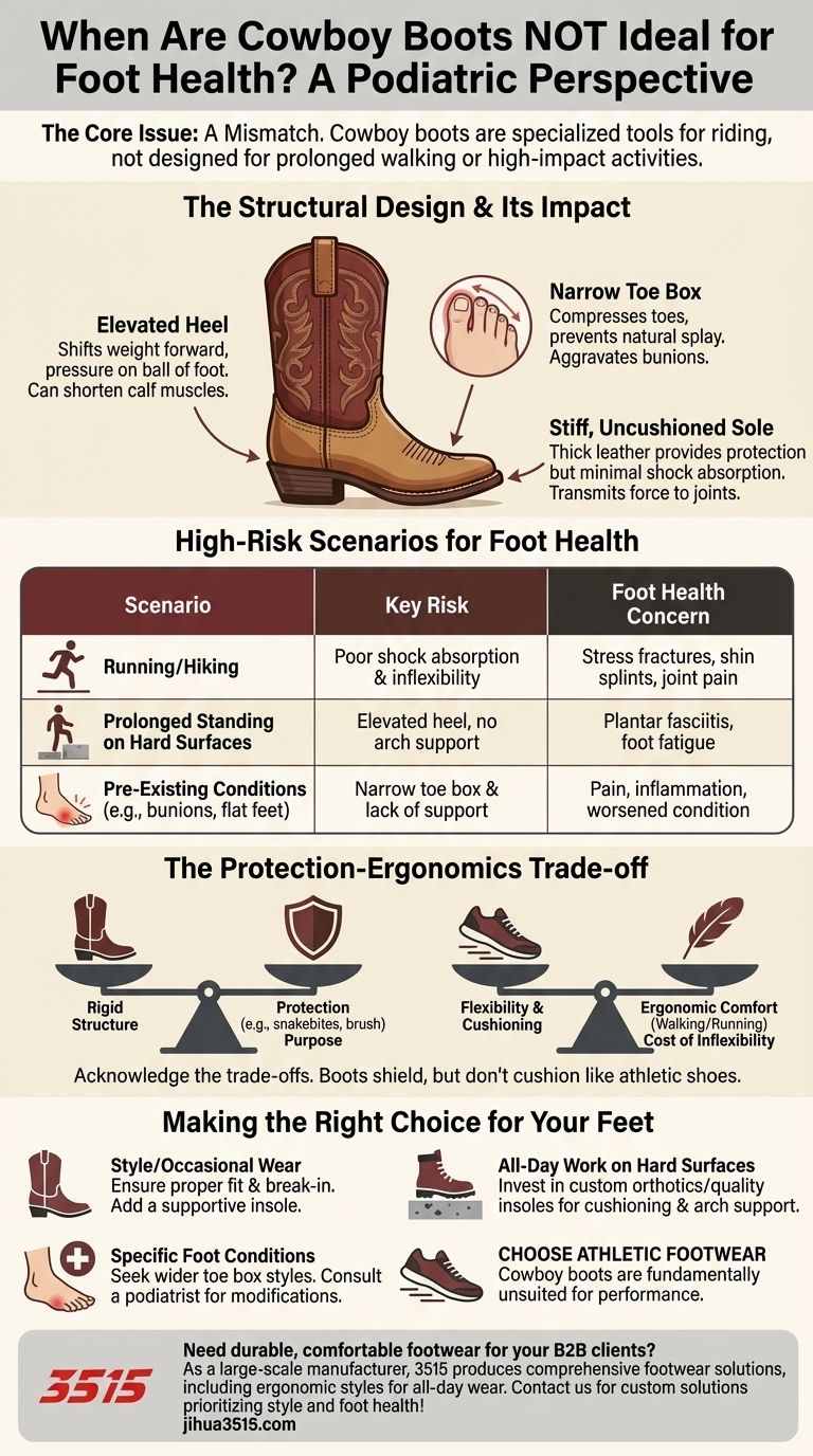 Dans quelles situations les bottes de cowboy peuvent-elles être préjudiciables à la santé des pieds ? Risques pour les coureurs, les travailleurs et autres Guide Visuel