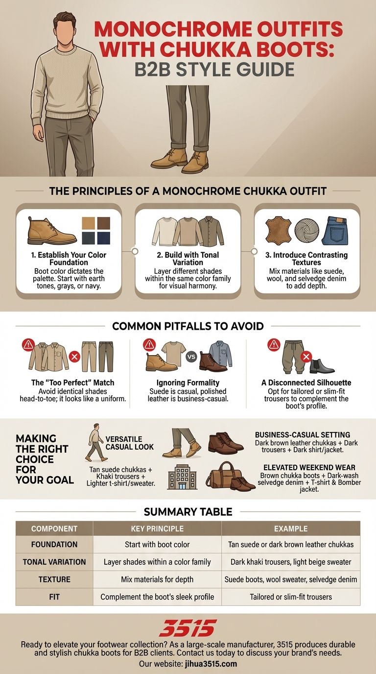 Qual è un'idea di outfit monocromatico con stivali chukka? Padroneggia un look sofisticato e coeso Guida Visiva