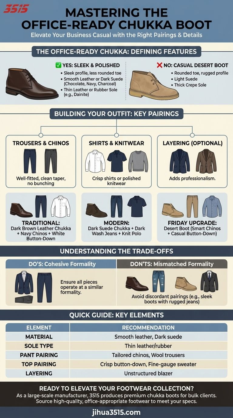 Come si possono integrare gli stivali chukka in un outfit da ufficio? Padroneggia lo stile Smart Casual Guida Visiva