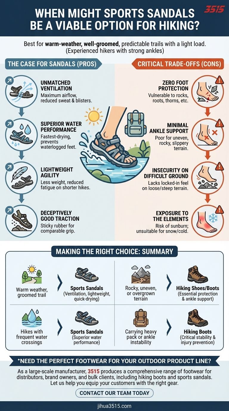 Quando i sandali sportivi possono essere un'opzione valida per l'escursionismo? Una guida al comfort sui sentieri con clima caldo Guida Visiva