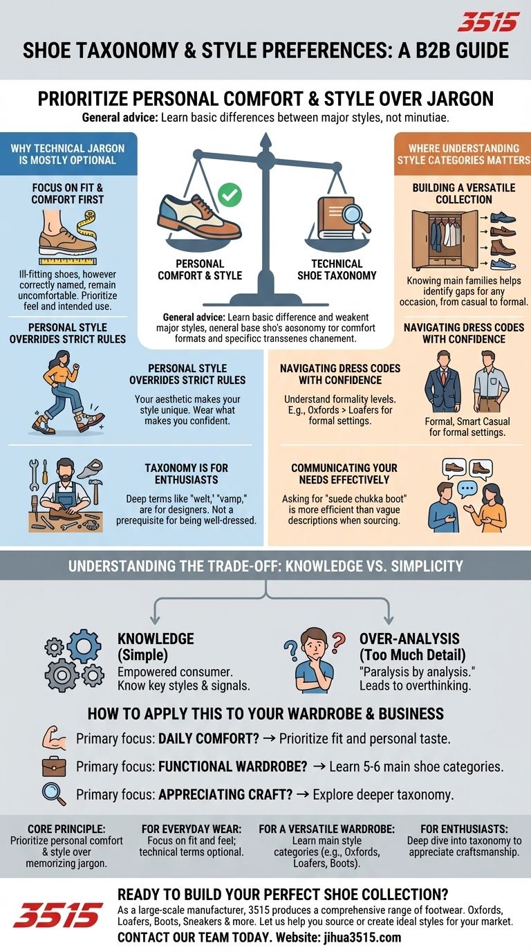 Qual è il consiglio generale dato sulla tassonomia delle scarpe e sulle preferenze di stile? Dai priorità al tuo comfort e stile personale Guida Visiva