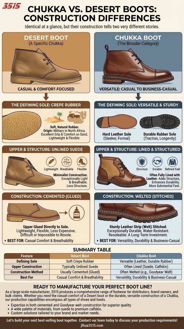Quelles sont les différences de construction entre les bottes Chukka et les bottes Desert ? Un guide sur la semelle, le matériau et l'artisanat Guide Visuel
