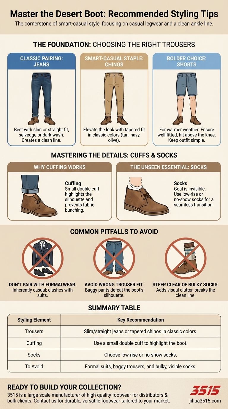 What are the recommended styling tips for Desert boots? Master the Smart-Casual Look Visual Guide