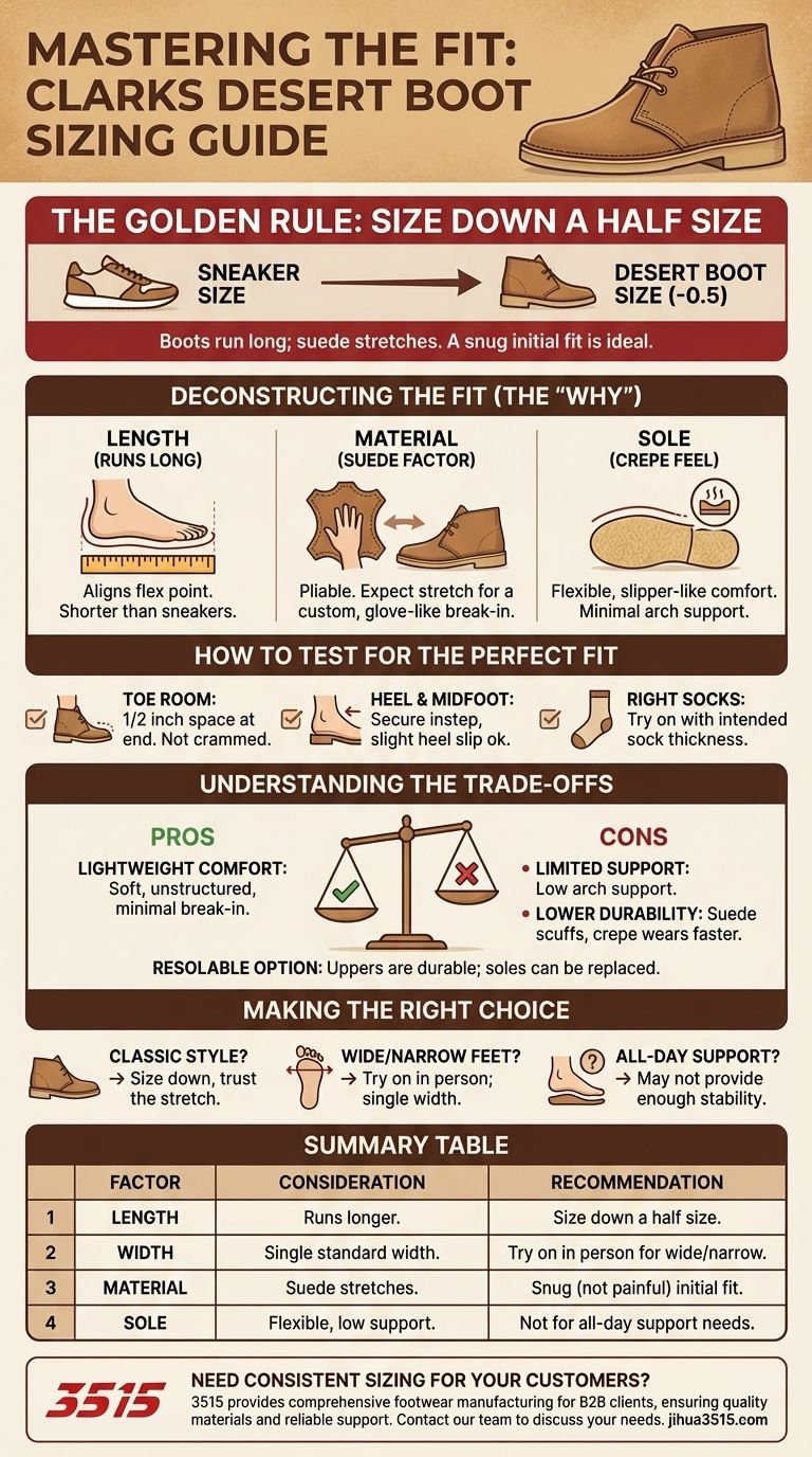 Comment chausse la Clarks Desert Boot et quelles sont les recommandations de taille ? Réduisez la taille pour un ajustement parfait et confortable Guide Visuel