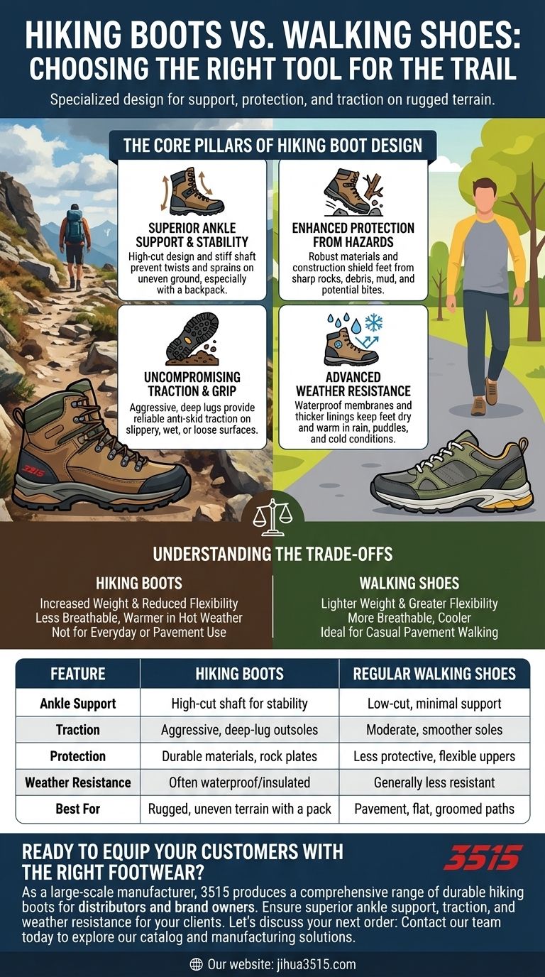 ما هي الفوائد الرئيسية لأحذية المشي لمسافات طويلة مقارنة بأحذية المشي العادية؟ دعم وحماية فائقة على المسار دليل مرئي