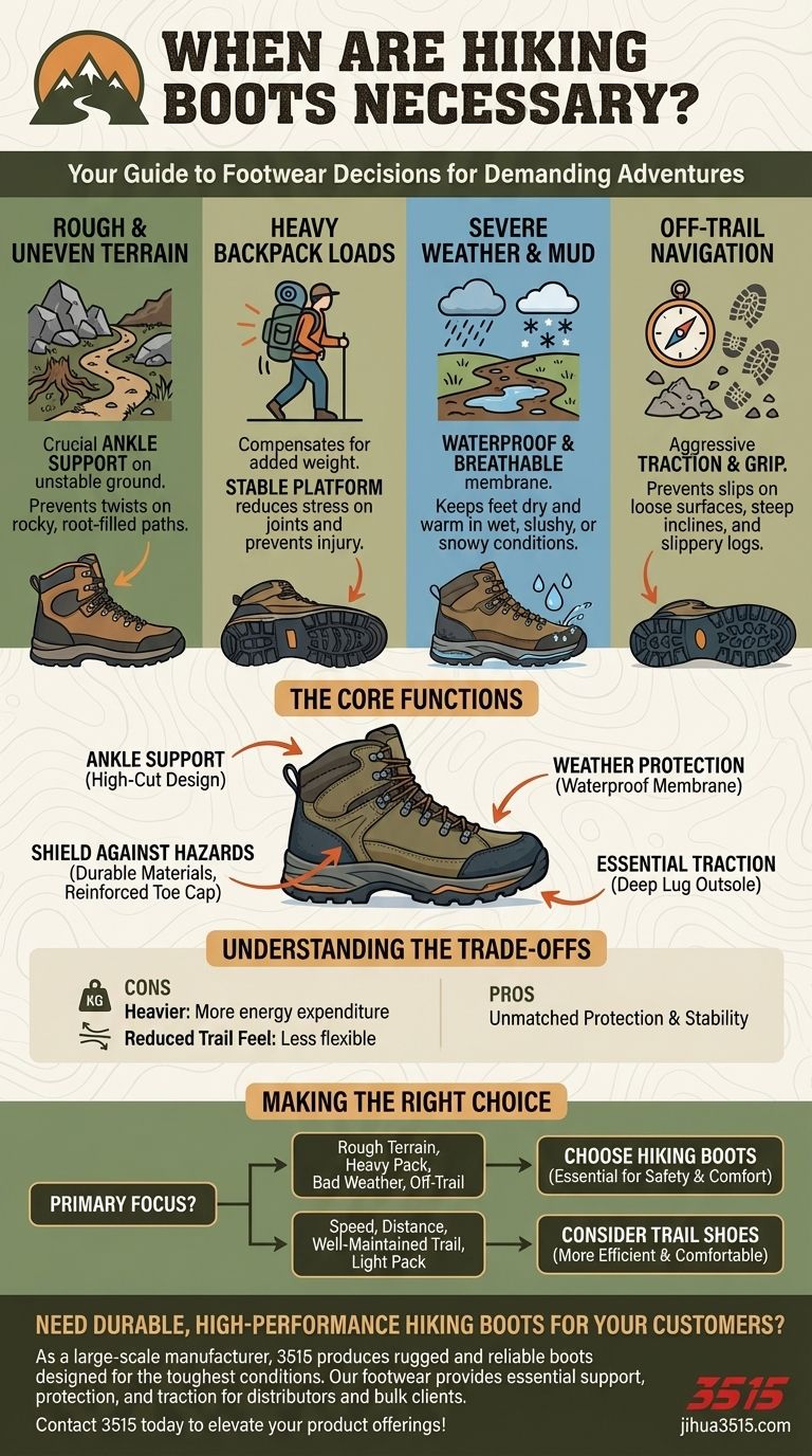 In quali condizioni sono particolarmente necessari gli scarponi da trekking? Supporto essenziale per terreni accidentati e carichi pesanti Guida Visiva