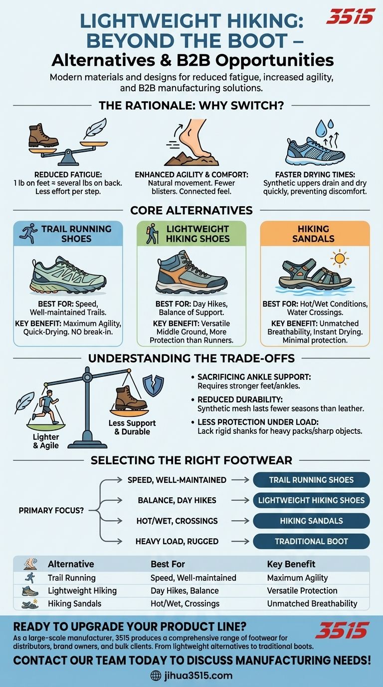 What are some alternatives to traditional hiking boots for lightweight hiking? Discover Lighter, More Agile Footwear Visual Guide