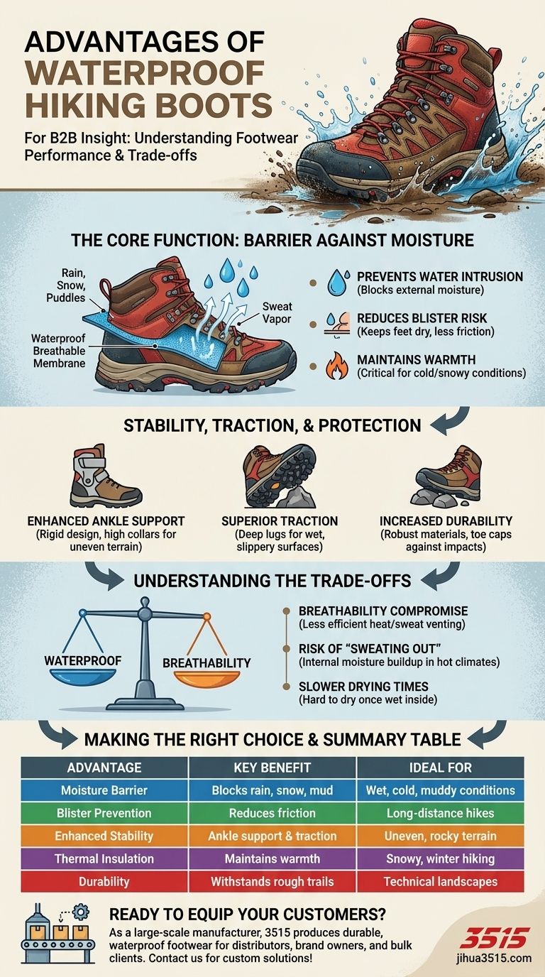 방수 하이킹 부츠의 구체적인 장점은 무엇인가요? 트레일에서 발을 건조하고 안전하게 유지하세요. 시각적 가이드